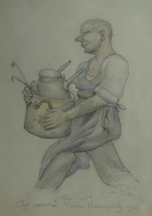 Jan Strube - Tekening uit 1905 , Casserolier Hotel Krasnapolsky “Hein Puist” kopen? Bied vanaf 600!