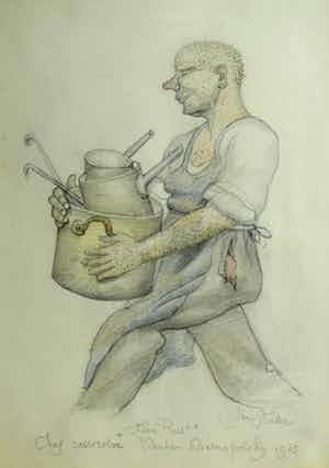 Jan Strube - Tekening uit 1905 , Casserolier Hotel Krasnapolsky “Hein Puist” verkocht voor € 600!