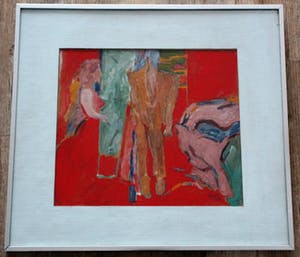 Fred Sieger - Gouache: Interieur met vrouw in rode jurk en man in bruin kostuum kopen? Bied vanaf 250!