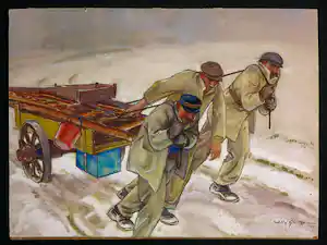 Willy Sluiter - Gemengde techniek op papier, De Glazenwassers verkocht voor € 750!