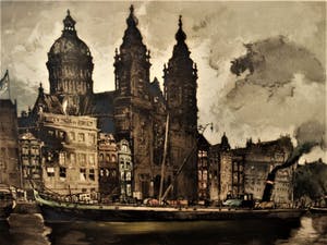 Niet of onleesbaar gesigneerd - Grote, omstreeks 1920 vervaardigde ETS "Amsterdam PH kade NicolaasKerk - gesign. kopen? Bied vanaf 1!