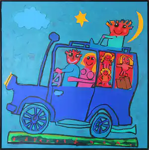 Ad Verstijnen - Acryl en collage op doek, Vakantie met de bus - Ingelijst verkocht voor € 350!