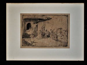 Niet of onleesbaar gesigneerd - Zeer oude Ets "Figuren op een binnenplaats" Rembrandt kwaliteit kopen? Bied vanaf 1!