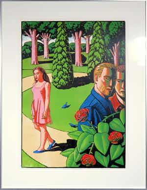 Leon Janssen - Houtsnede, De bomen (het park) - Ingelijst verkocht voor € 120!