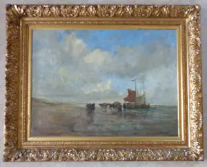 Thamine Tadama-Groeneveld - VISSERS AAN HET STRAND / OLIEVERF DOEK / 106x133cm / KADER / SIG kopen? Bied vanaf 975!