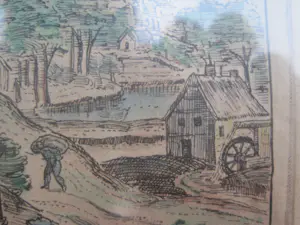 Niet of onleesbaar gesigneerd - Hand ingekleurde ets van een dorpsgemeenschap. kopen? Bied vanaf 1!