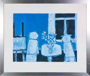 Jan Roëde - Litho, Twee blauwe mensen aan een blauwe tafel - Ingelijst verkauft für € 100!