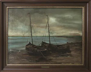 Léon Riket - Olieverf op doek, Aan land getrokken bomschuiten - Ingelijst kopen? Bied vanaf 600!