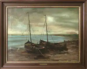 Léon Riket - Olieverf op doek, Aan land getrokken bomschuiten - Ingelijst verkocht voor € 600!