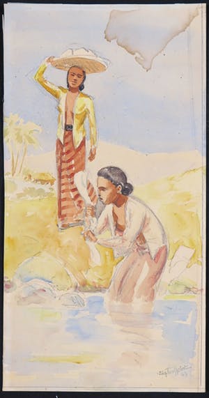 Niet of onleesbaar gesigneerd - Aquarel, Wassende Indonesische vrouwen kopen? Bied vanaf 1!