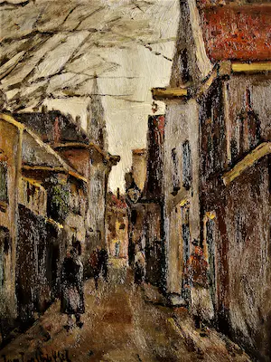 Niet of onleesbaar gesigneerd - Charmant omstreeks 1920 geschilderd olieverf "Dorpstraatje" gesigneerd kopen? Bied vanaf 1!