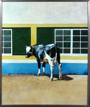 Marleen Felius - Olieverf op doek, Koe voor boerderij - Ingelijst verkocht voor € 150!