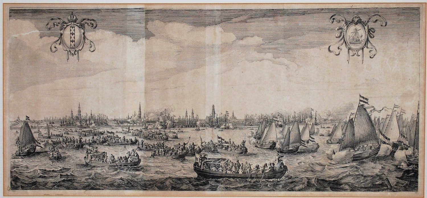 Simon de Vlieger - uitg. BLAEU 1638 - grote ets van 't IJ Amsterdam door Salomon Savrij (1593-1683) verkocht voor € 150!