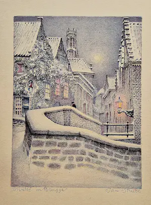 Jan Strube - leuke kleuren lithografie "winter te Brugge" - potloodgesigneerd kopen? Bied vanaf 38!