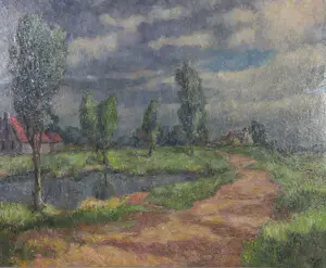 Harmen Klaas Post - Olieverf op paneel, Landschap met wiel - Ingelijst kopen? Bied vanaf 150!