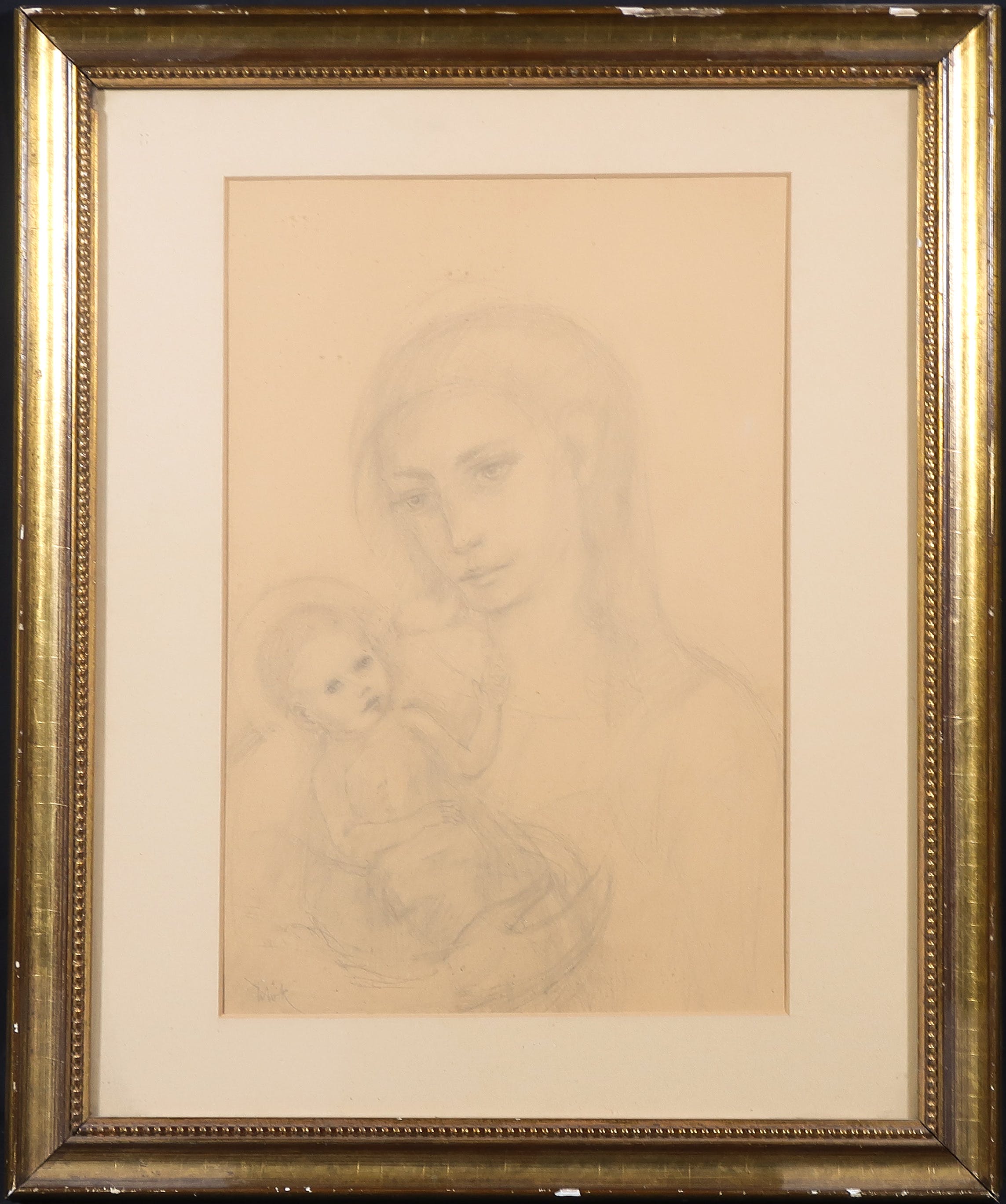 Willem van Konijnenburg - Potloodtekening, Moeder en kind - Ingelijst verkocht voor € 100!