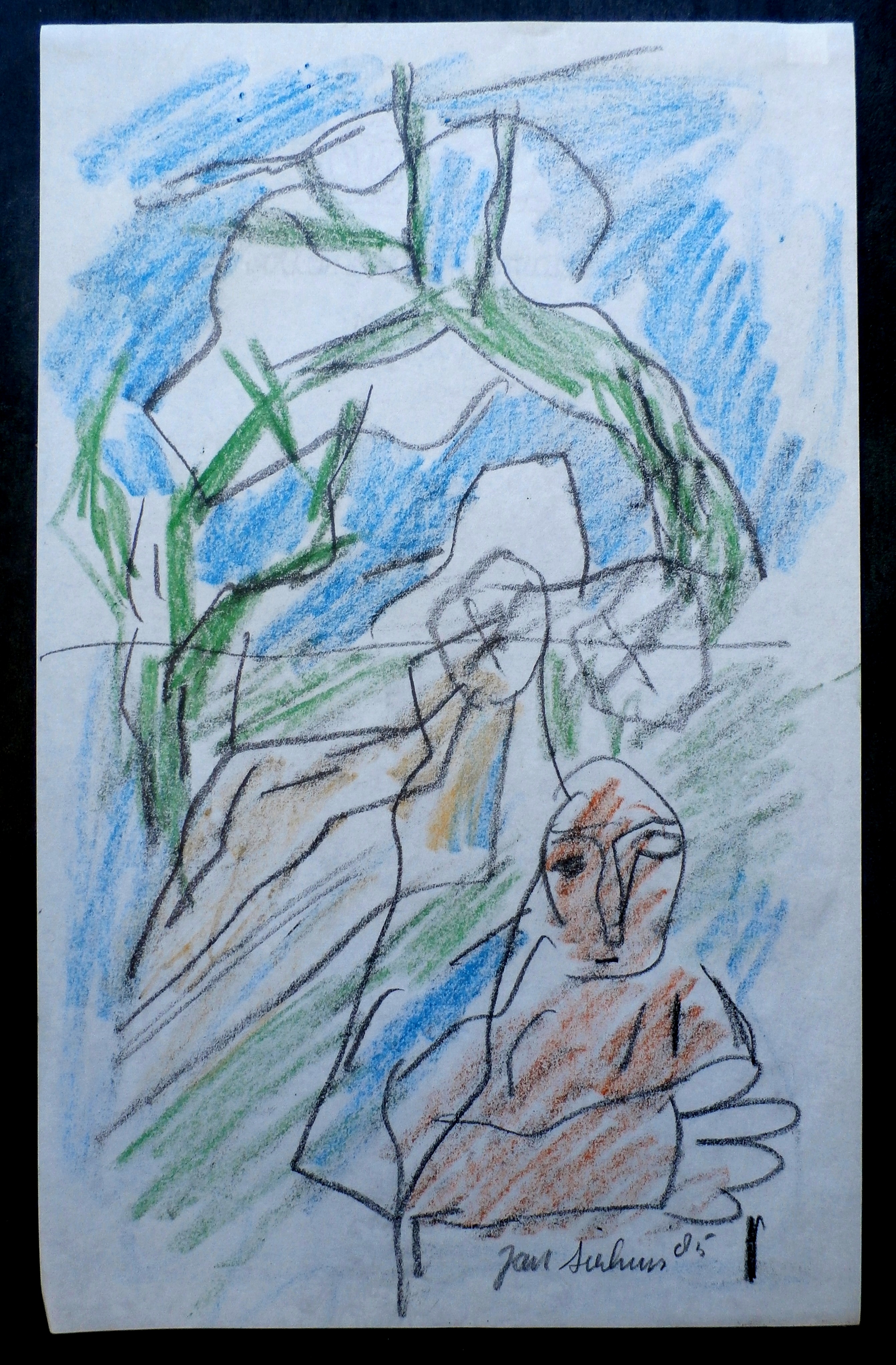 Jan Sierhuis - tekening - Landschap met figuur - 1985 kopen? Bied vanaf 75!