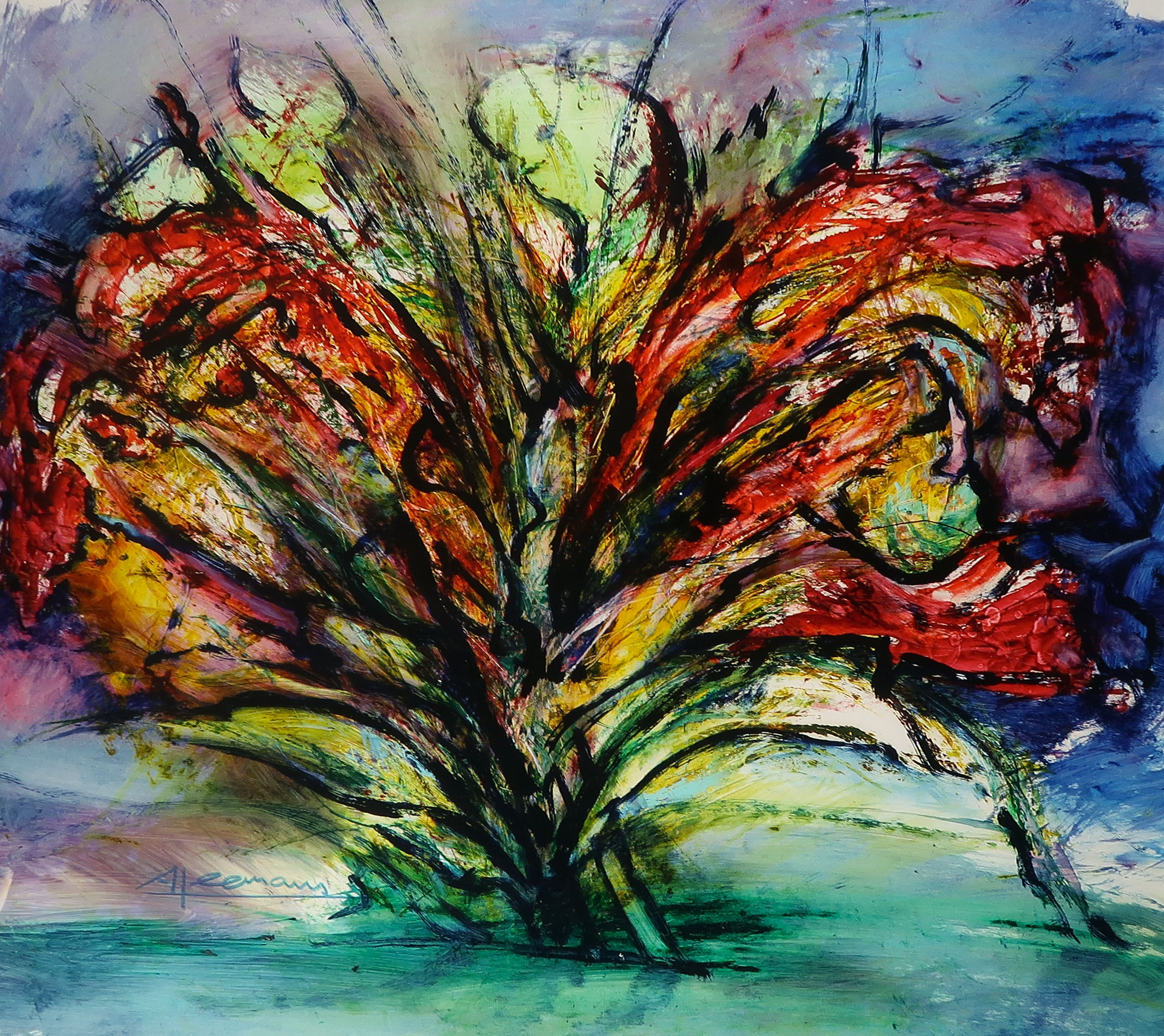 Niet of onleesbaar gesigneerd - Acryl en ecoline op papier, Fantasieboom - Ingelijst kopen? Bied vanaf 1!