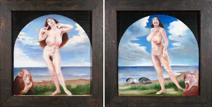 Cornelis Doolaard - Olieverf op paneel, Twee-luik met vrouwen en apen kopen? Bied vanaf 500!