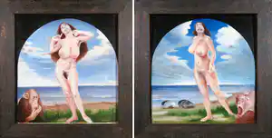 Cornelis Doolaard - Olieverf op paneel, Twee-luik met vrouwen en apen verkocht voor € 500!