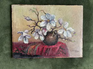 Leonard Pieter Versteeg - bloesemtakje in aardewerk pot (olieverf op doek op paneel) kopen? Bied vanaf 35!