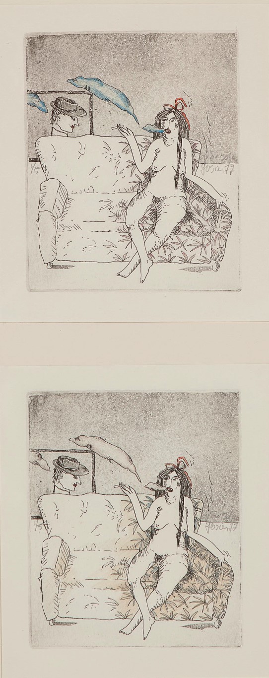 Josien Brenneker - Sofa -Ets aquatint en kleurpotlood op papier - oplage 1/5 - BKR Eindhoven kopen? Bied vanaf 20!