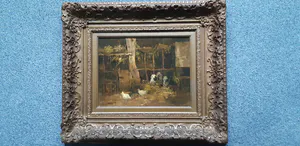 Cornelis Koppenol - Boereninterieur van boerenstal, koeien met kippen. kopen? Bied vanaf 400!