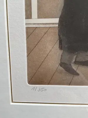 Bernd Hauck - Ingekleurde grappige ets, man voor rechter, gesigneerd, gelijst kopen? Bied vanaf 45!