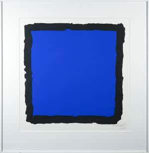 Bram Bogart - Zeefdruk, Z.T. Compositie in blauw en zwart - Ingelijst verkocht voor € 1!