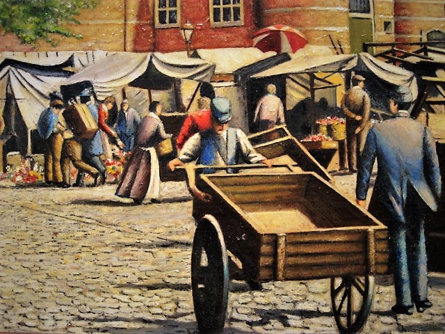 Niet of onleesbaar gesigneerd - Leuk ca. 1920 olieverf "Amsterdam marktdag op Nieuwmarkt" gesigneerd kopen? Bied vanaf 1!