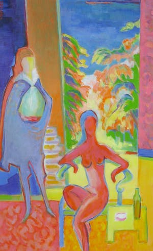 Joe Wols - Acryl op papier, Twee figuren in een interieur - Ingelijst kopen? Bied vanaf 1!