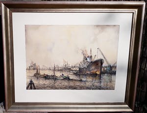 Willem Bos - Overslag in de haven, gemengde techniek (mooi ingelijst, groot) kopen? Bied vanaf 250!