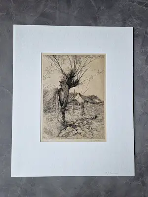 Adrianus Johannes Grootens - Fraaie jaren 30 Ets "Wilg bij boerderij" - potloodgesigneerd kopen? Bied vanaf 28!