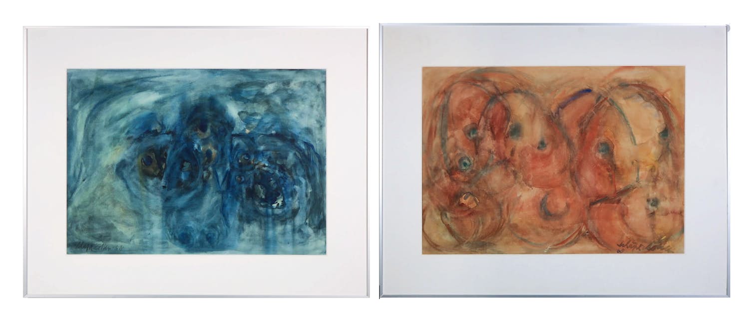 Gerard Schaperkotter - 2 x Aquarel op papier, Aquarel in blauw en in rood/oranje - Ingelijst kaufen? Bieten Sie von 50!