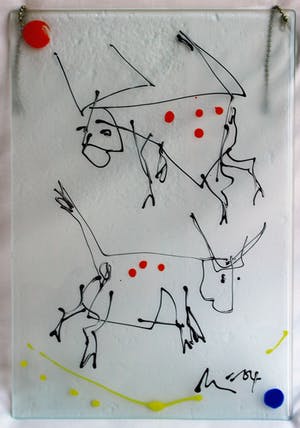 Niet of onleesbaar gesigneerd - 3 op Glas geschilderde werken, Fietsen, Koeien en Varkens - gesigneerd kopen? Bied vanaf 1!