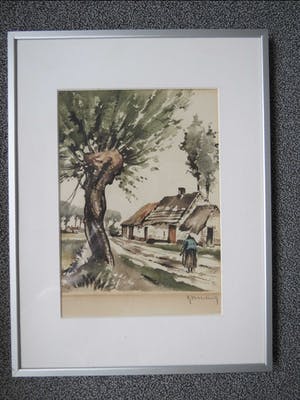 Roger Hebbelinck - dorpstraat met boerderij en wandelende vrouw kopen? Bied vanaf 28!