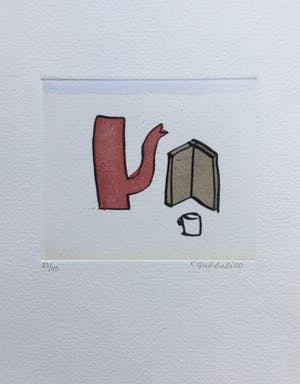 Klaas Gubbels - ets met aquarel ingekleurd - ‘Rode kan met boek’ kopen? Bied vanaf 225!