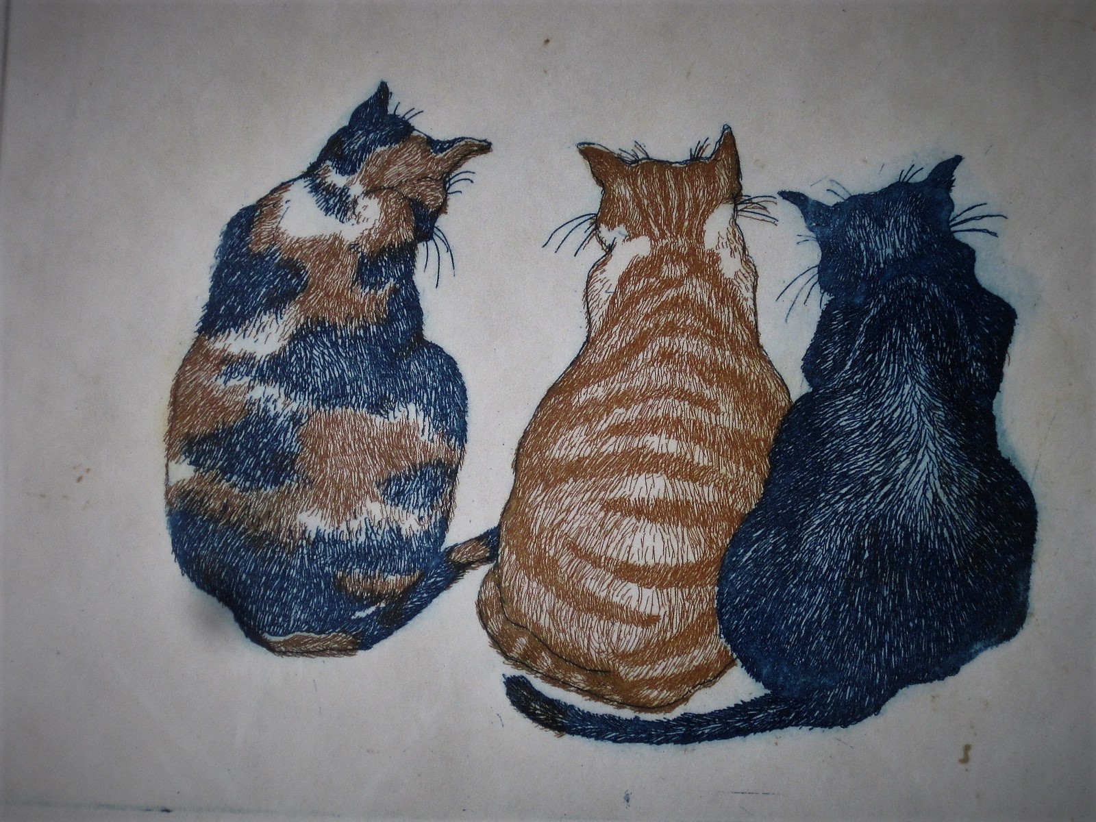 Saskia Heuer - leuke ingekleurde ets "drie poezen" gesigneerd kopen? Bied vanaf 1!