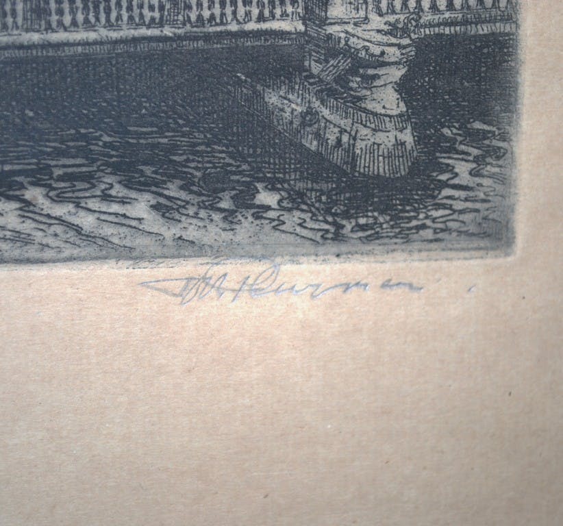 Toon Pluymers - Rond de Blauwbrug Amsterdam - mooi ingelijste ets, eigen druk door Toon Pluymers kopen? Bied vanaf 110!