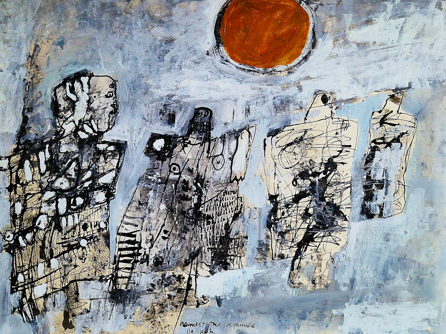 Hannes Postma - Grote in 1962 gemaakte gemengde techniek "de Familie" gesigneerd kopen? Bied vanaf 58!