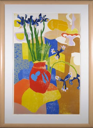 Vincent van Ojen - Houtsnede, Z.T. Stilleven met irissen - Ingelijst (Groot) kopen? Bied vanaf 100!