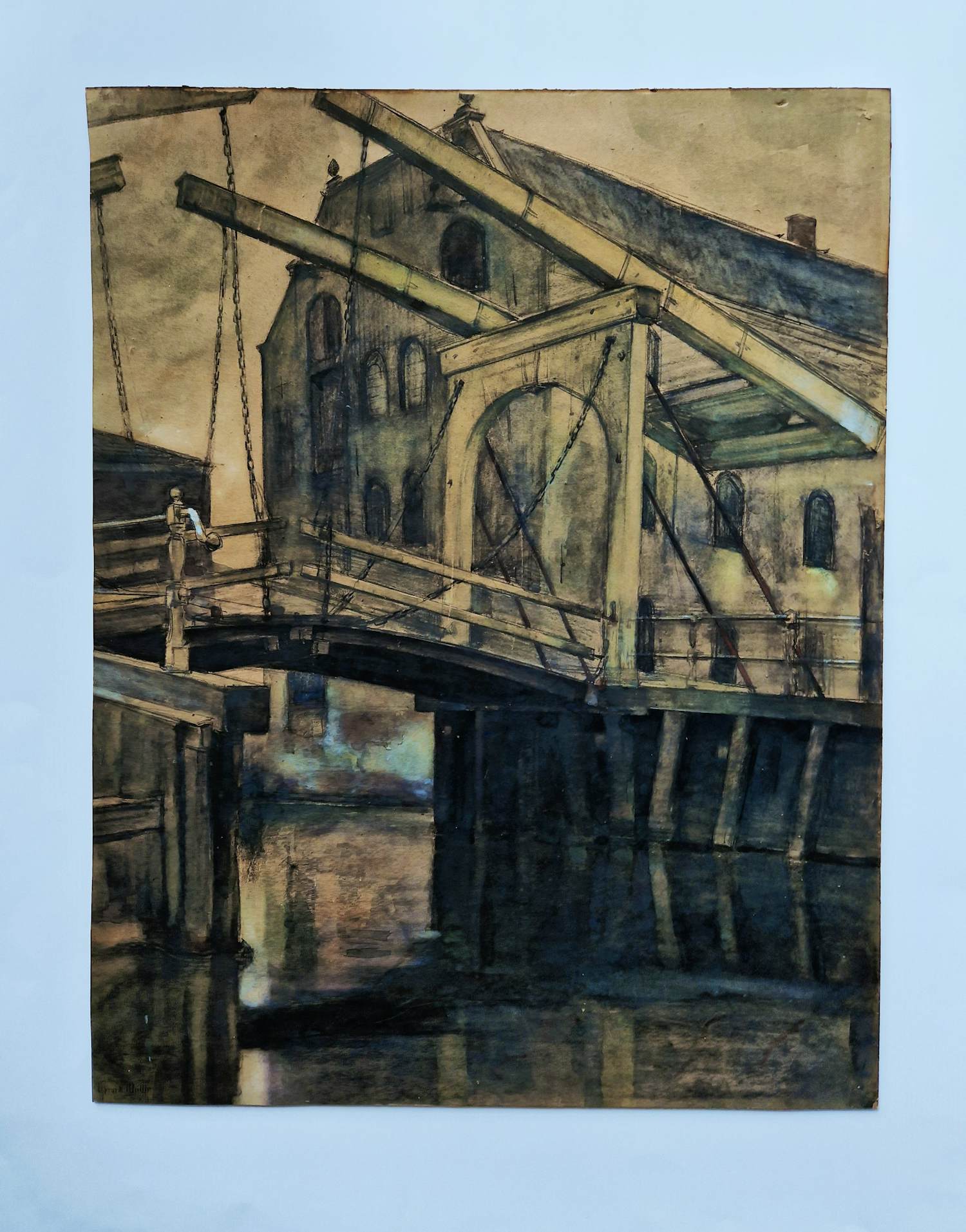 Gerard Muller - Grote gemengde techniek "Amsterdam (magere) Brug vroege ochtend" gesigneerd kopen? Bied vanaf 30!