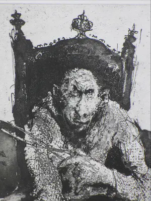 Jan Mensinga - Man met schaar op troon - Ets kopen? Bied vanaf 45!