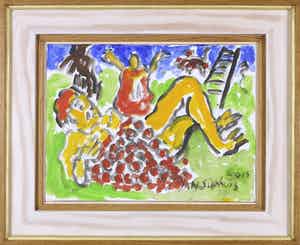 Jan Sierhuis - Acryl op doek, Fruitpluksters - Ingelijst verkocht voor € 350!