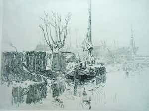 Antoon Derkzen van Angeren - AANGEMEERDE SCHUIT BIJ TUINEN AAN EEN VAART verkocht voor € 40!