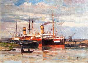 Albert Jan Oudshoorn - Aangemeerde stoomschepen, olieverf op doek (mooi ingelijst) verkocht voor € 195!