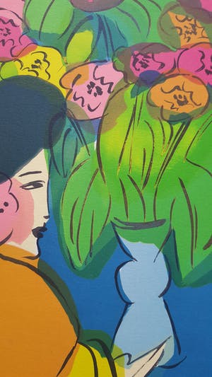 Walasse Ting - Kleurrijke grote Lithografie uit 1982 "Six geisha's with flowers" kopen? Bied vanaf 395!