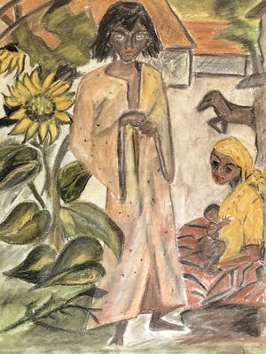 Niet of onleesbaar gesigneerd - Aziatisch tafereel - Krijttekening, Ingelijst kopen? Bied vanaf 1!