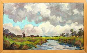 Jan Dekker - Olieverf op Doek, Molenzicht, Ingelijst verkocht voor € 1!