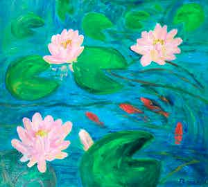 Ron van den Bosch - Acryl op doek, Zonder titel (waterlelies) (Groot) verkocht voor € 1!